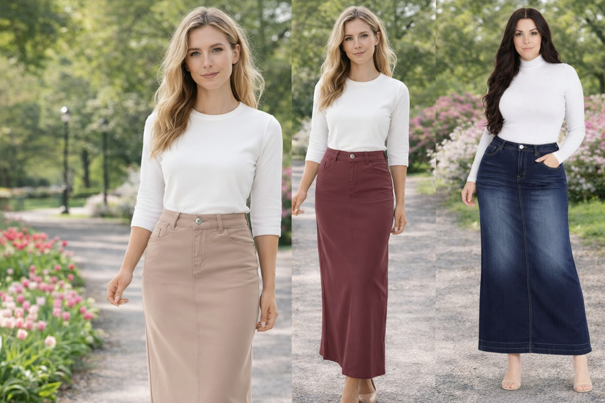Sandstone, Cabernet and Lenora denim maxi skirt bundle - full model lifestyle image