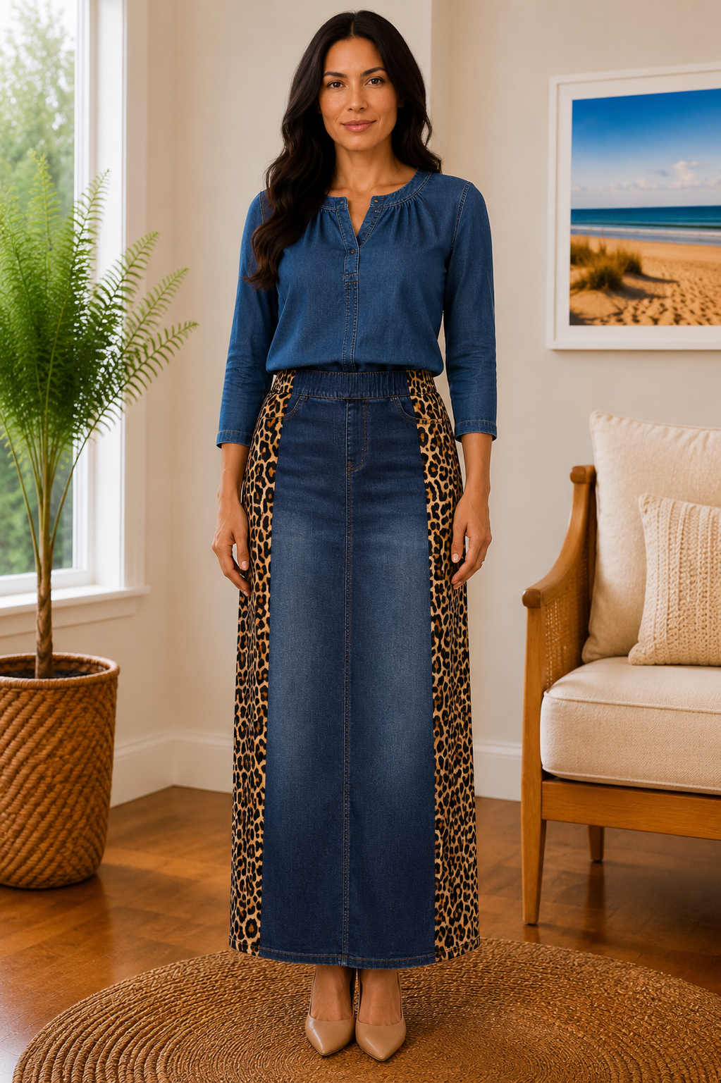 NEW! Indigo Denim/Leopard Maxi (36") Jean Skirt: S-3X