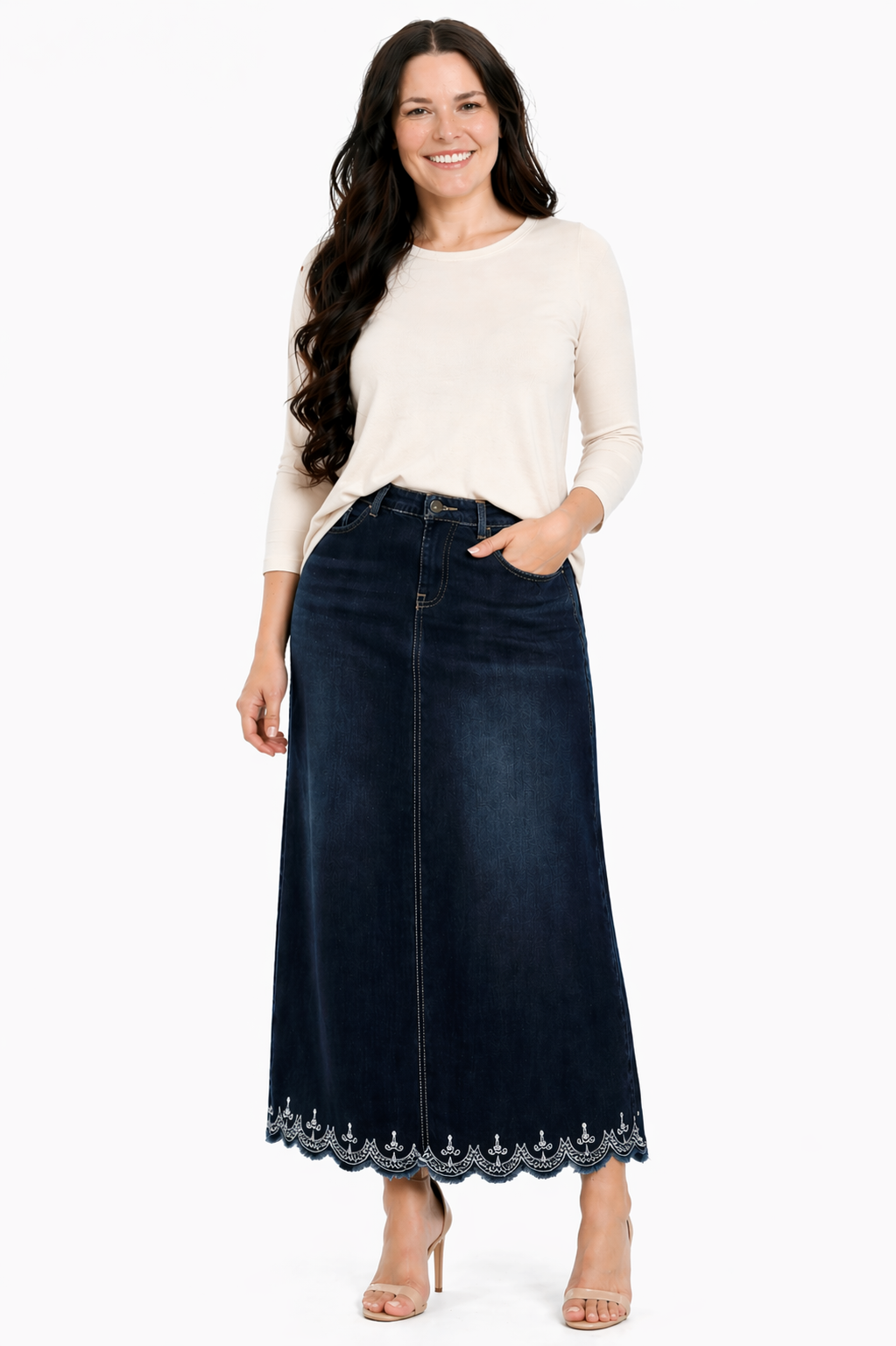 “ Lacey” (Elastic Waist) Maxi Denim Skirt: XS-5X.