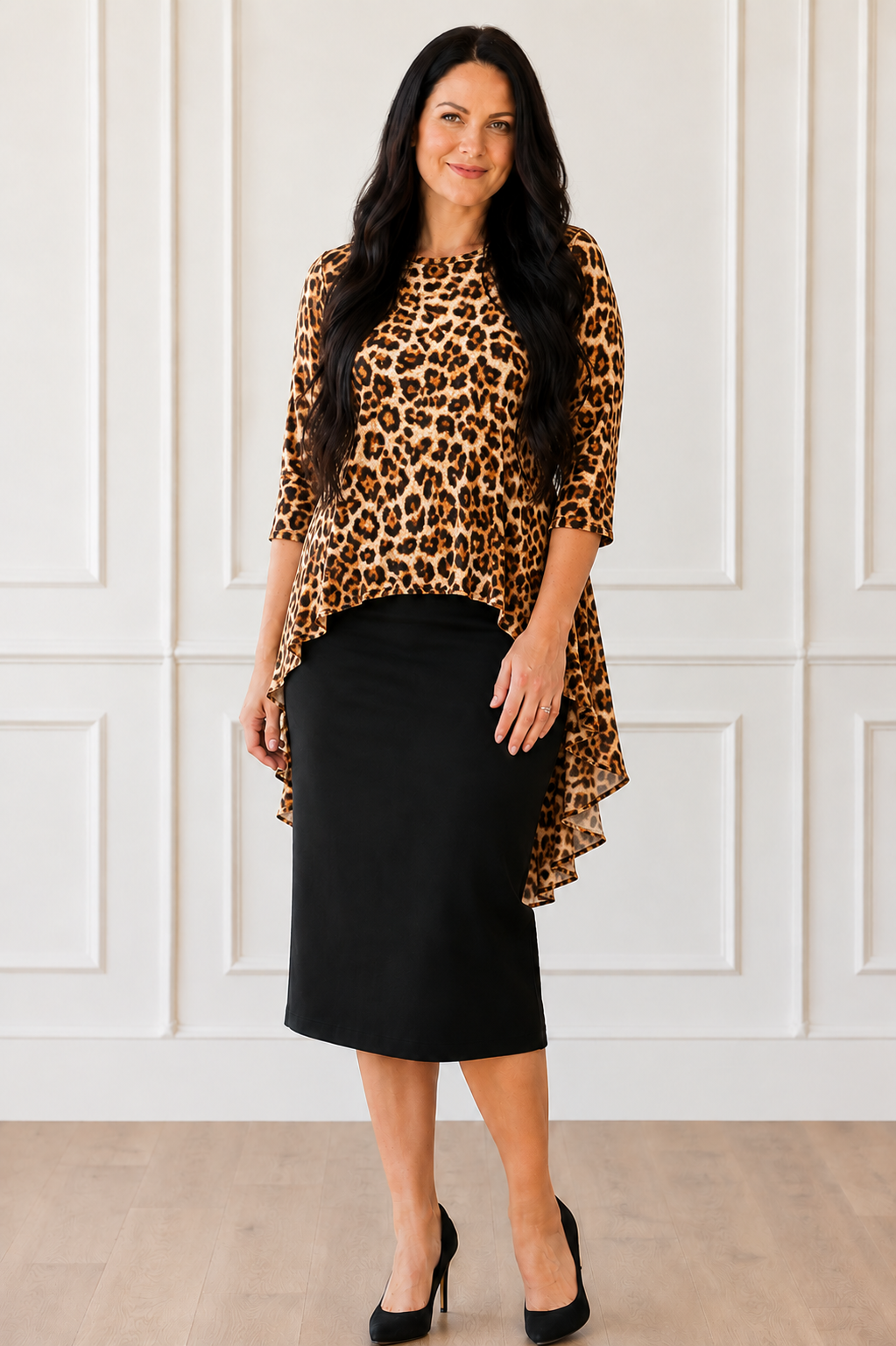 NEW! Leopard Print "High/Low" Ruffle Top: S-3X Arriving in Stock: 9/3
