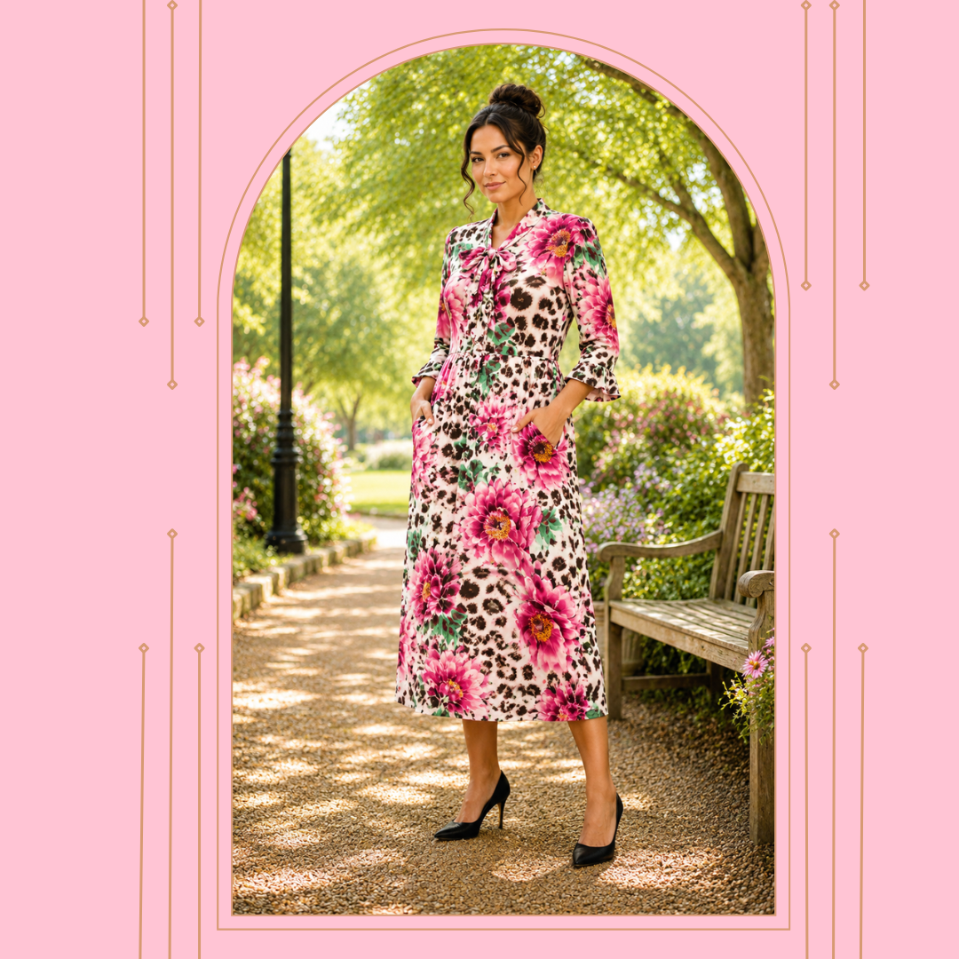 Pre-Order: NEW~ "Cameron" Mauve/Leopard Print Bow Dress: S-3X (Arriving in Stock Mid July)