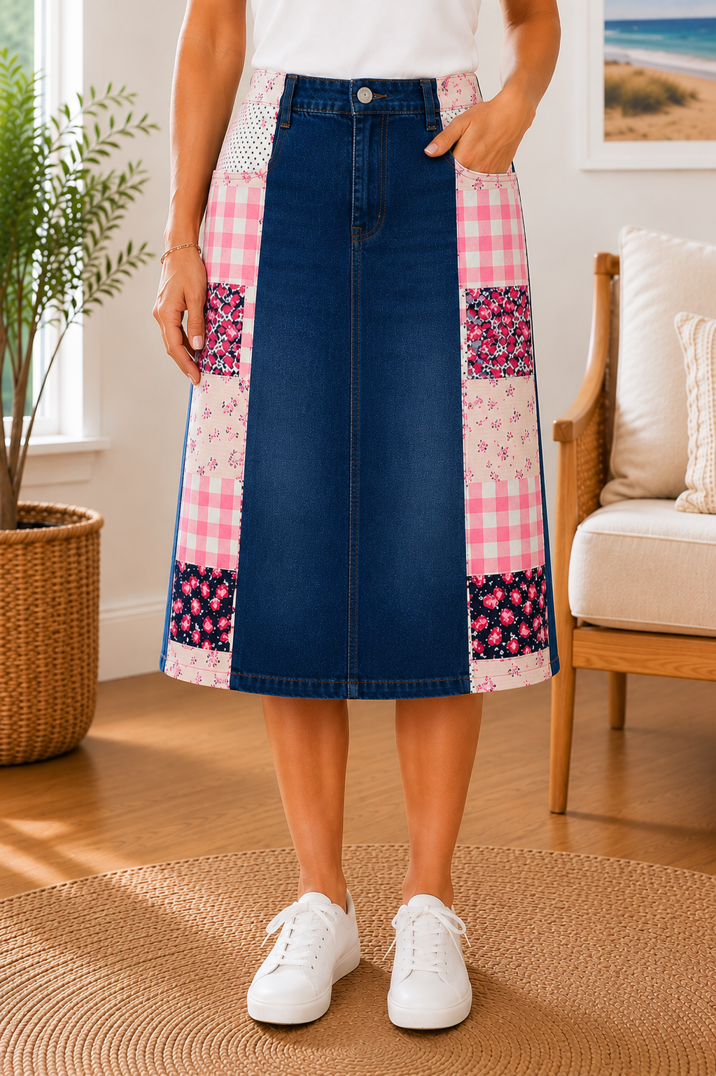 NEW! Pink Patchwork ( Zipper/ Button )Jean Skirt: S-3X