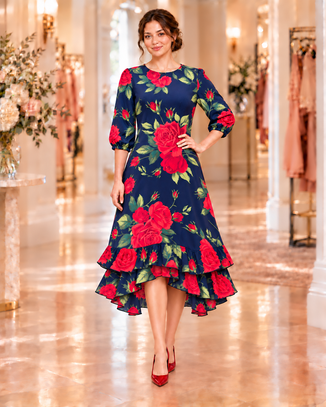 Pre-Order-New! "Scarlet" Navy/Red Roses Print Dress: S-3X (Arriving Late Oct)