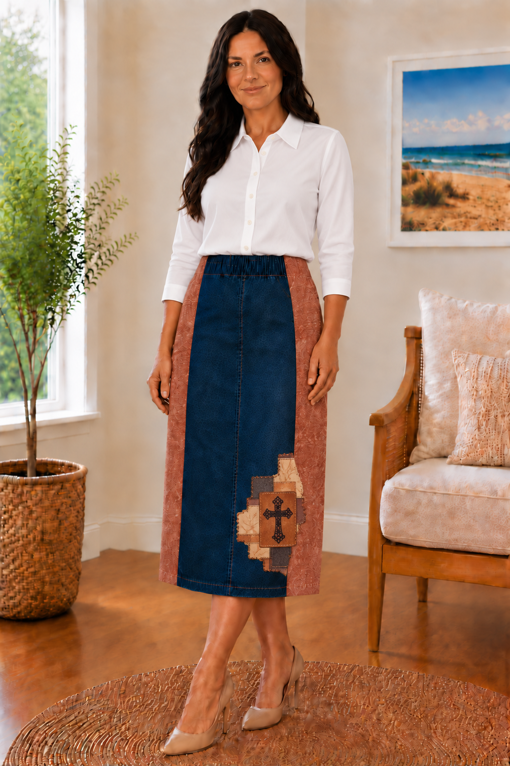 NEW! "Faith"- Dark Indigo/Rust 27" Elastic Waist Designer Jean Skirt: S-5X