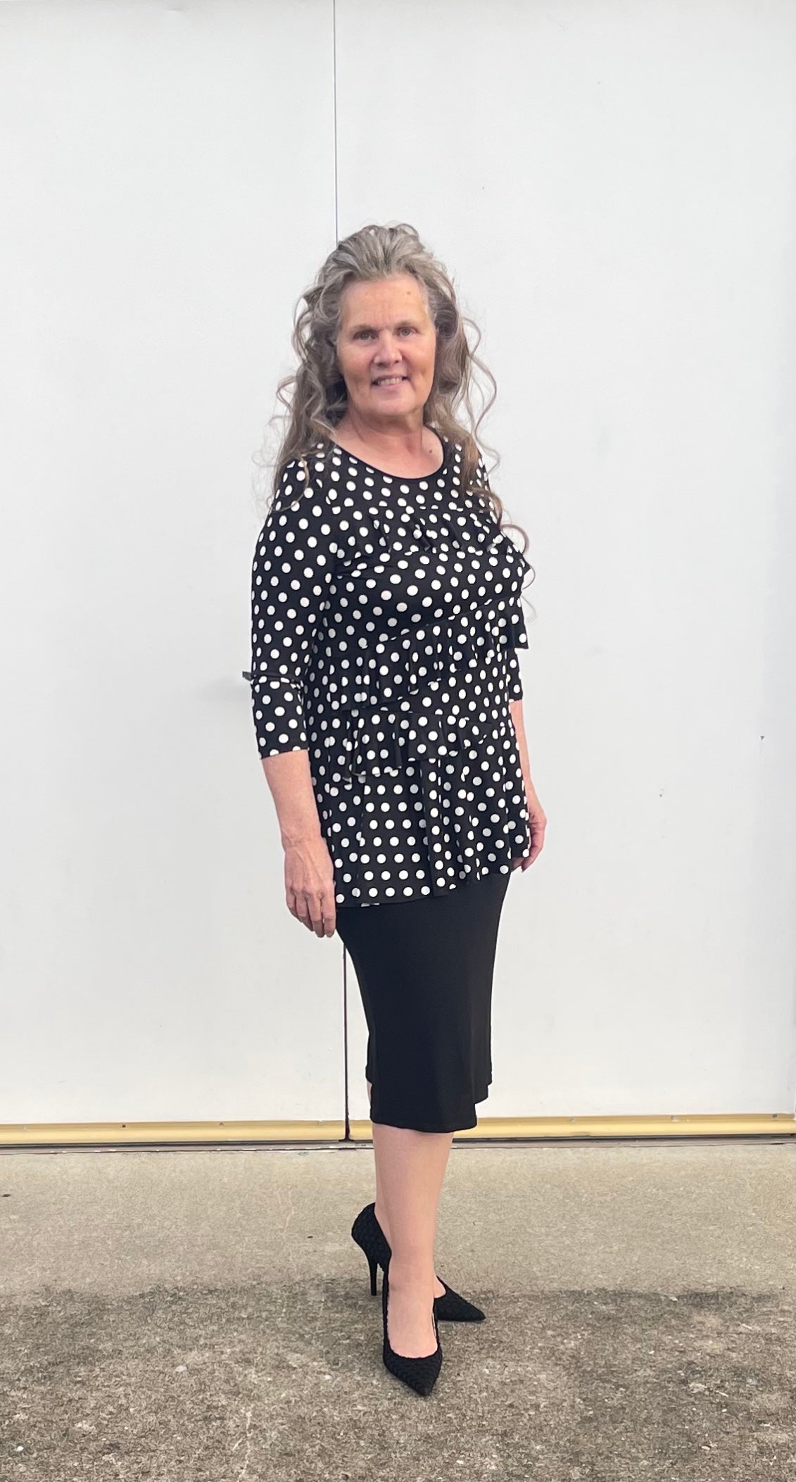 RC BLACK Polka Dot Ruffle TOP : S-M Final Sale!  Cannot Be Returned!