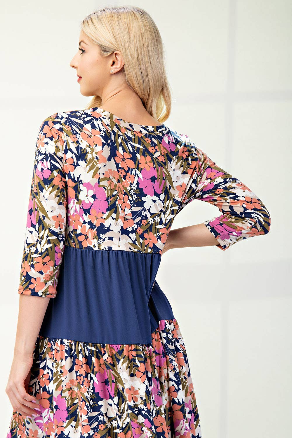 NEW! FLORAL MIX TIERED MIDI DRESS  Navy Floral S-3X  Arriving In Stock: 11/16