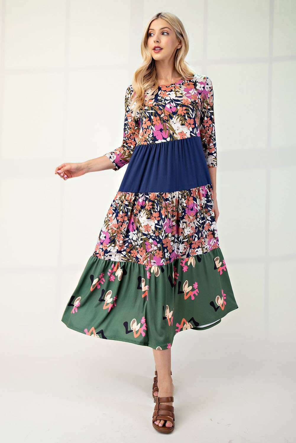 NEW! FLORAL MIX TIERED MIDI DRESS  Navy Floral S-3X  Arriving In Stock: 11/16