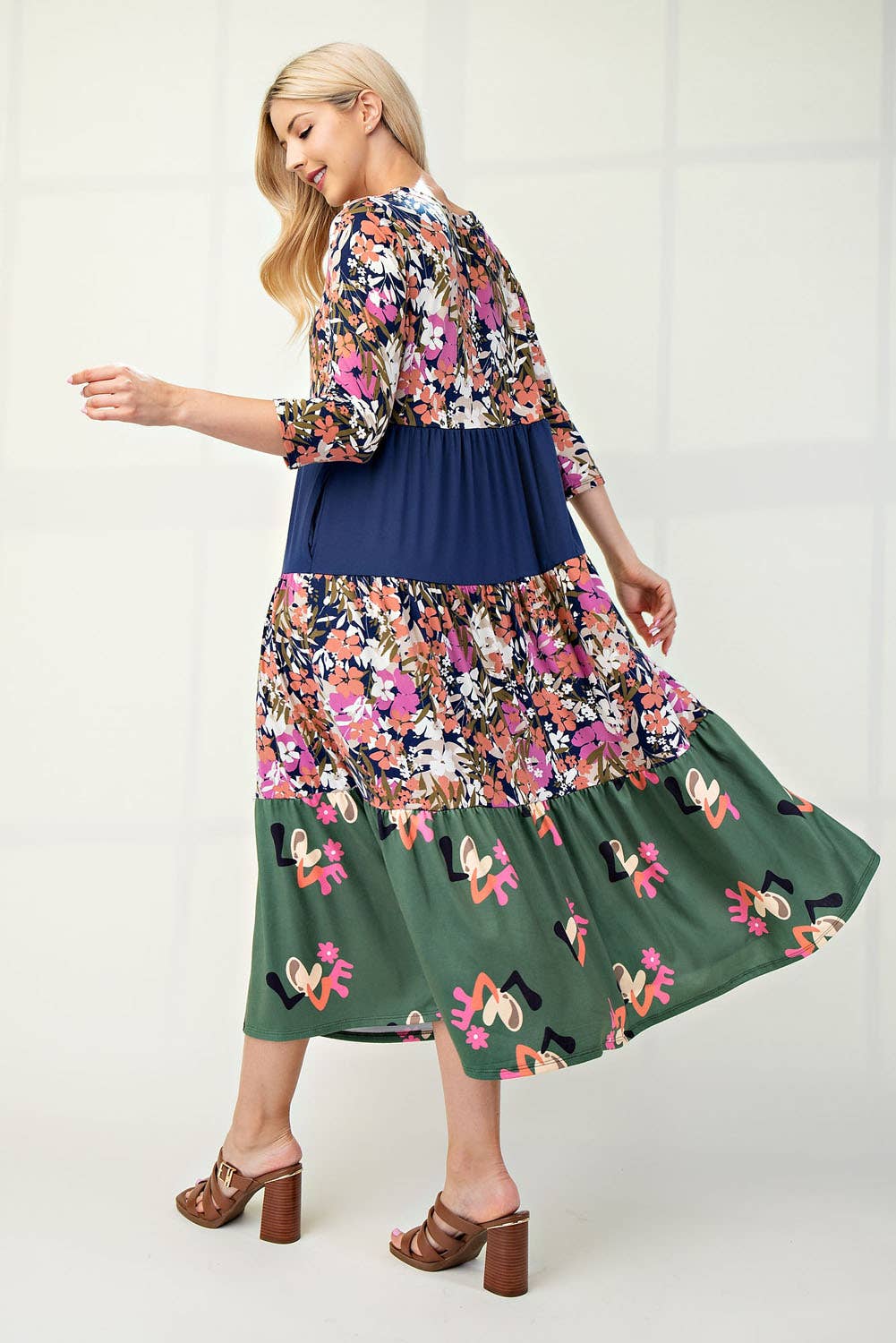 NEW! FLORAL MIX TIERED MIDI DRESS  Navy Floral S-3X  Arriving In Stock: 11/16