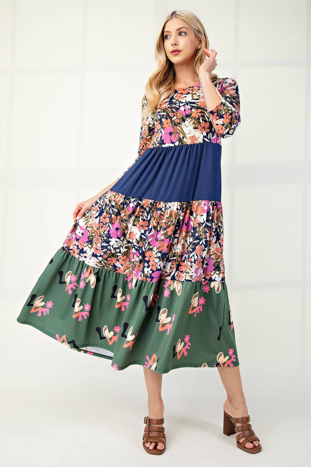 NEW! FLORAL MIX TIERED MIDI DRESS  Navy Floral S-3X  Arriving In Stock: 11/16