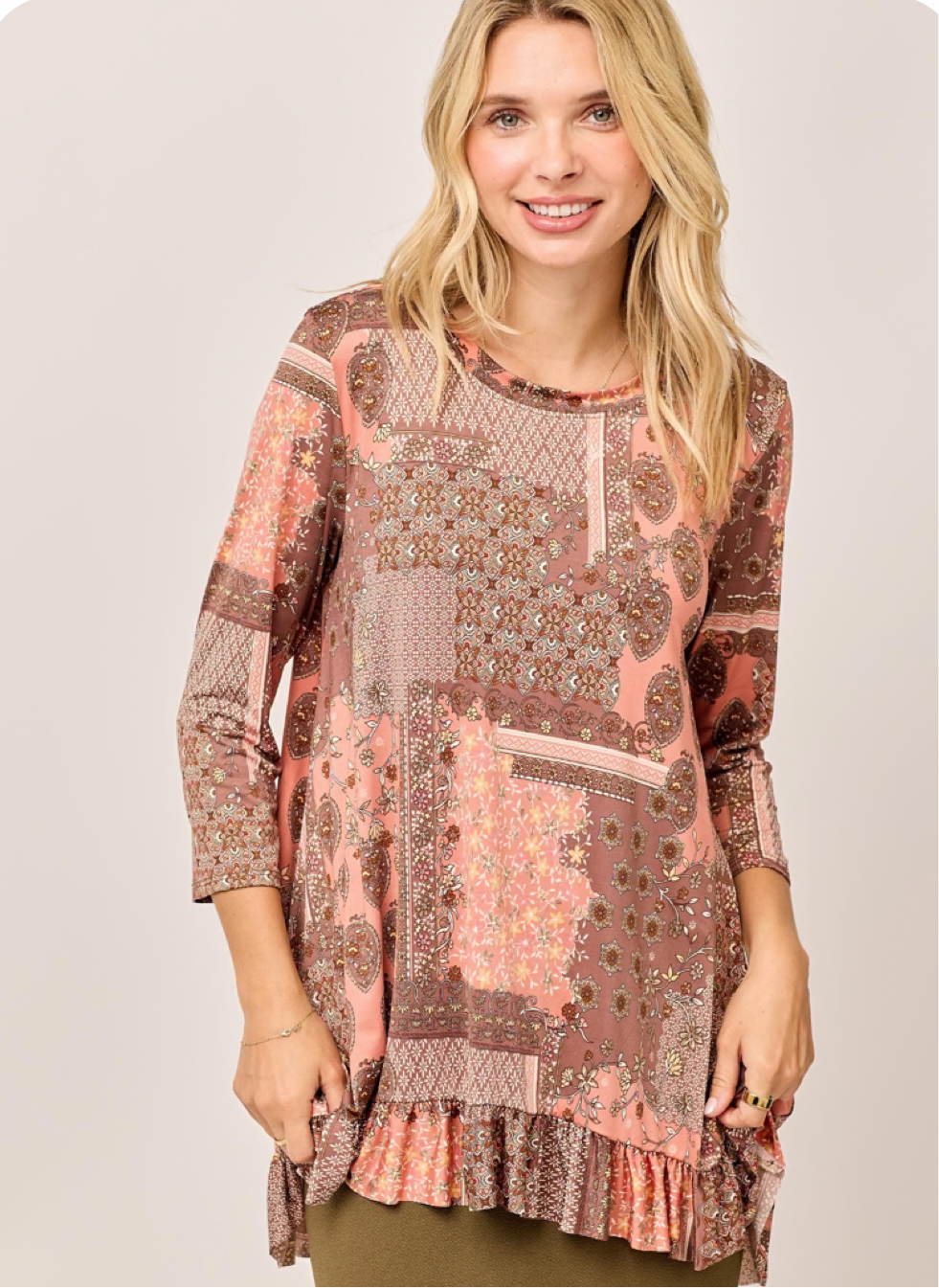 New! Peach Print Top: 1X-3X. Arriving at Stock 9/17