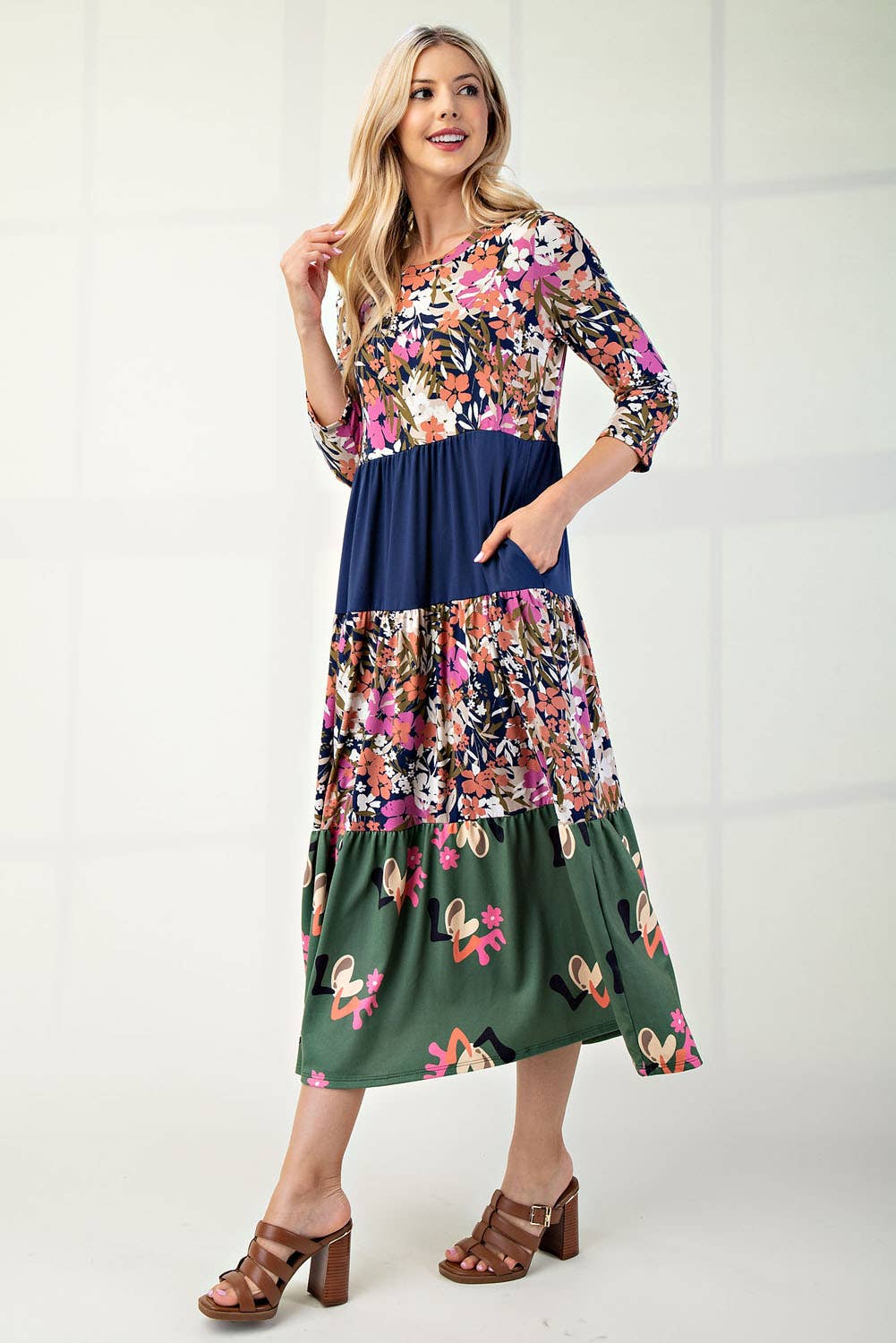 NEW! FLORAL MIX TIERED MIDI DRESS  Navy Floral S-3X  Arriving In Stock: 11/16