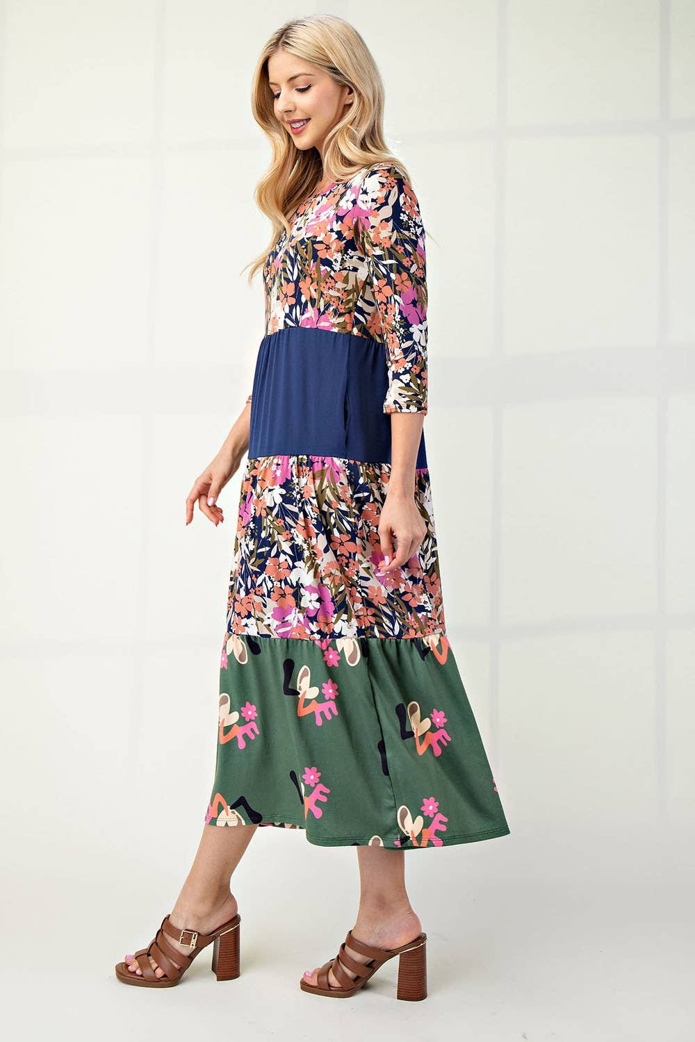 NEW! FLORAL MIX TIERED MIDI DRESS  Navy Floral S-3X  Arriving In Stock: 11/16