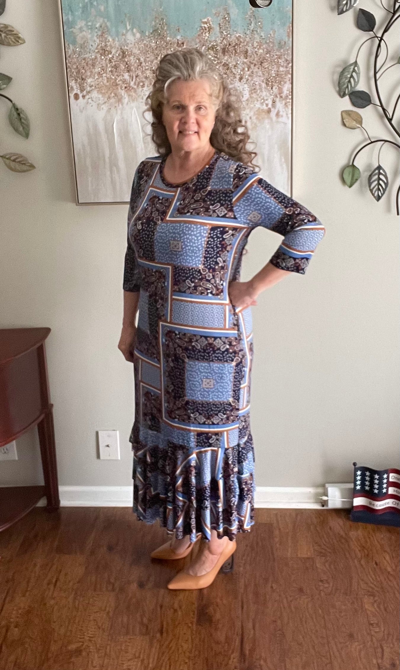 Camel/Blue Paisley  Ruffle Dress: S-M. FINAL SALE! Cannot Be Returned!