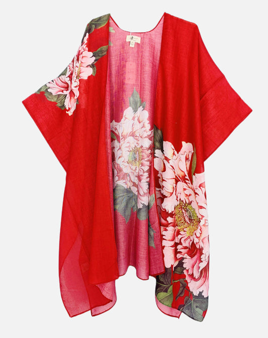 NEW! Red-Multi Peony Kimono