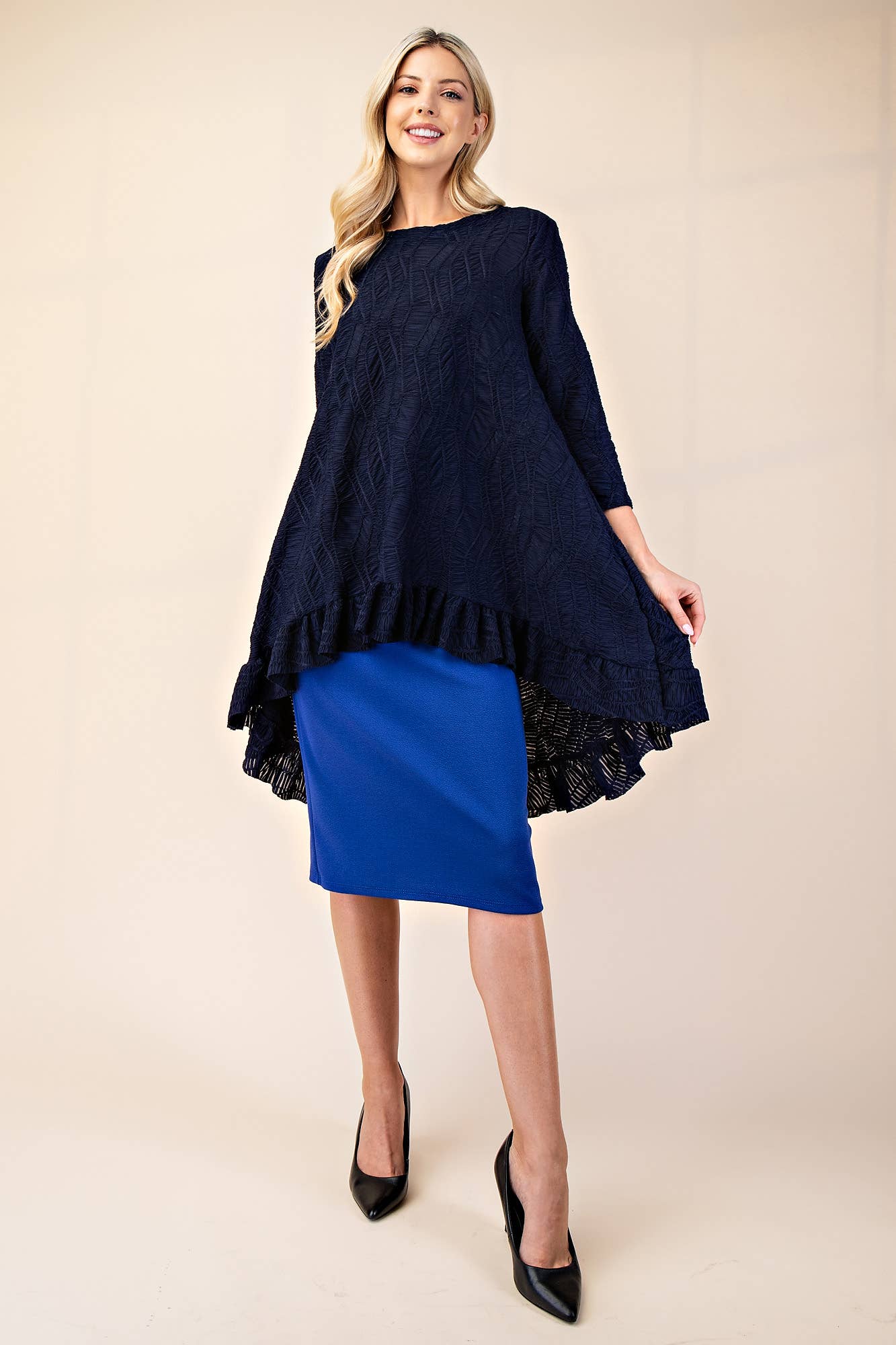 NEW! Navy  ASYMMETRICAL TEXTURED TOP 1X-3X  Arriving in Stock: 1/15