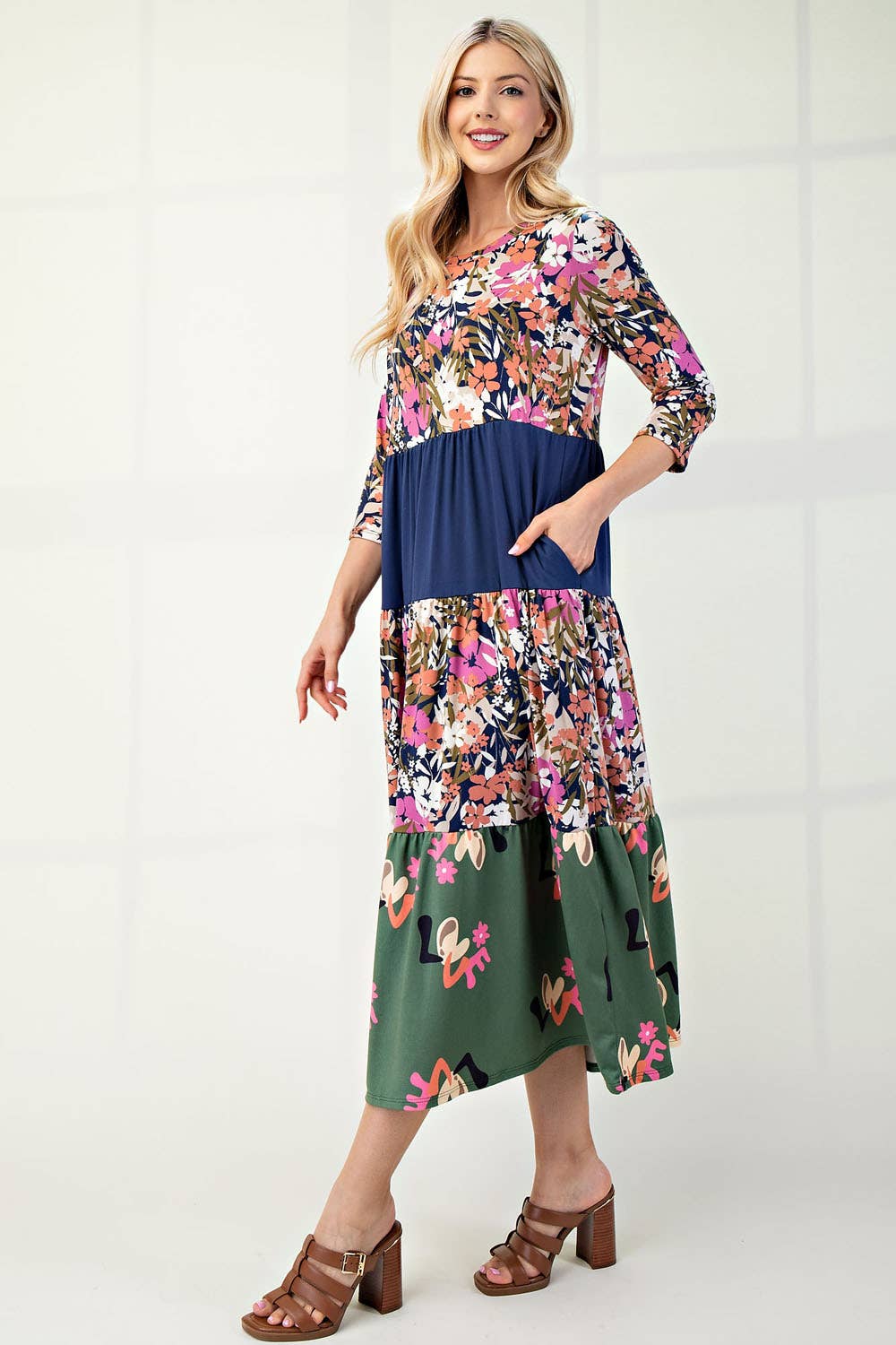 NEW! FLORAL MIX TIERED MIDI DRESS  Navy Floral S-3X  Arriving In Stock: 11/16