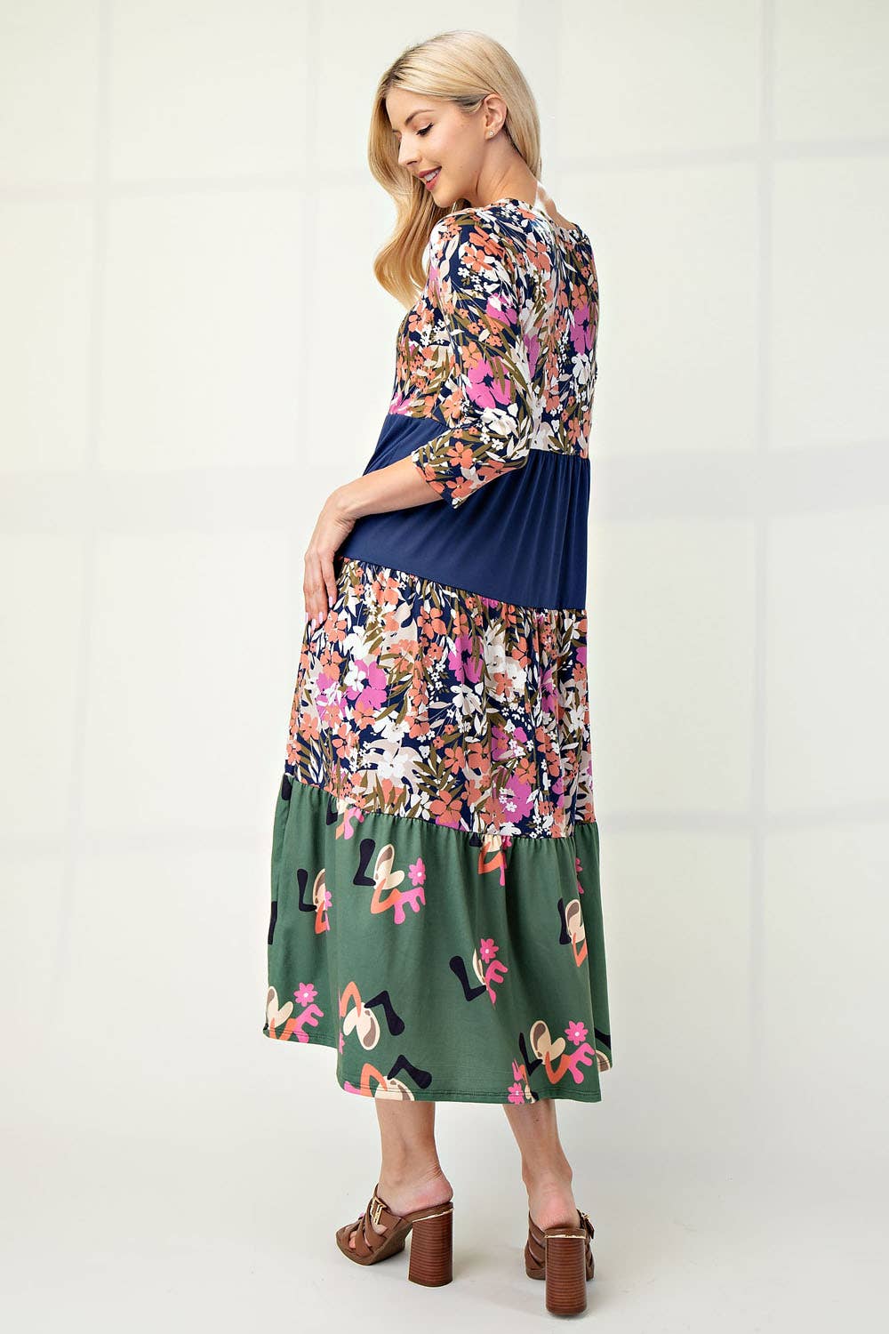 NEW! FLORAL MIX TIERED MIDI DRESS  Navy Floral S-3X  Arriving In Stock: 11/16