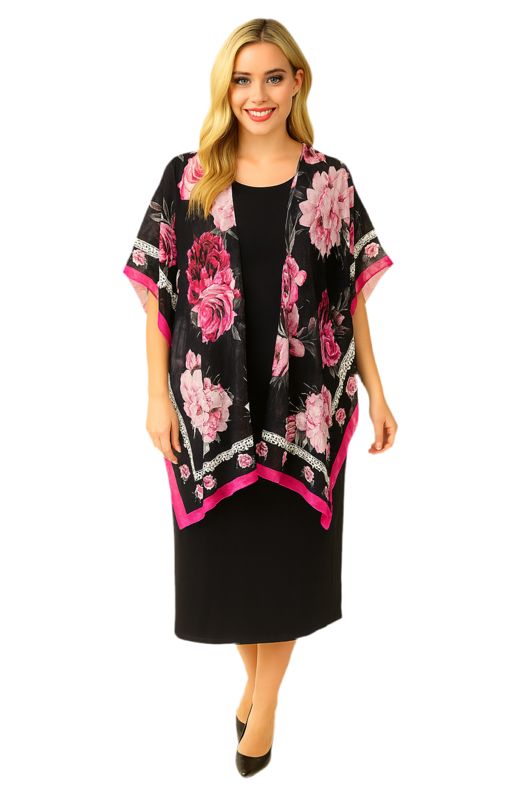 NEW! Black Floral/Faux Lace Border Kimono