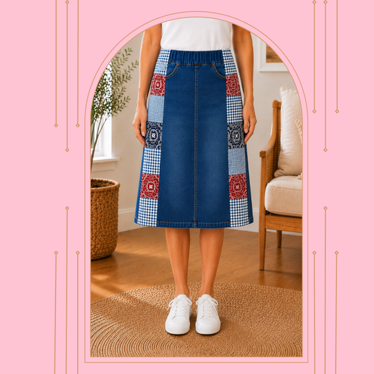 NEW! "Bandana" Patchwork Designer Jean Skirt: S-3X
