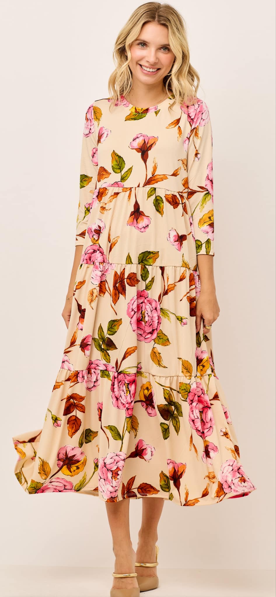 "Victoria" Beige  Floral Print Dress: Small