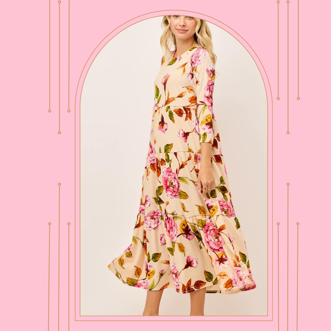 "Victoria" Beige  Floral Print Dress: Small