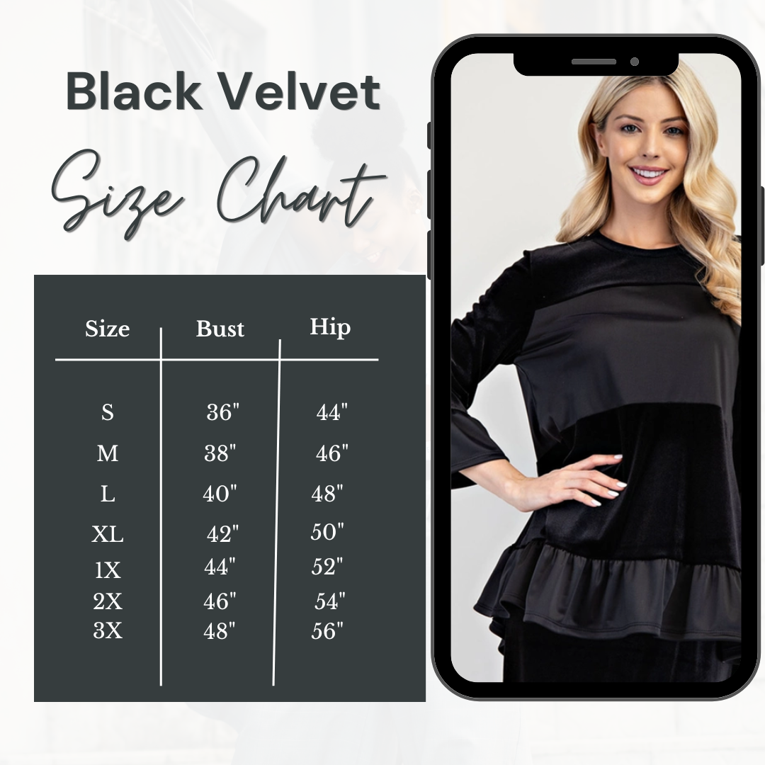 Black Velvet Ruffle Tiered Top: S-3X. Best Selling! FINAL SALE! Cannot Be Returned!