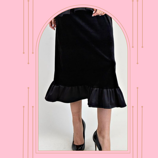 Black Velvet Ruffle Midi Skirt S-3X. Best Selling! FINAL SALE! Cannot Be Returned!