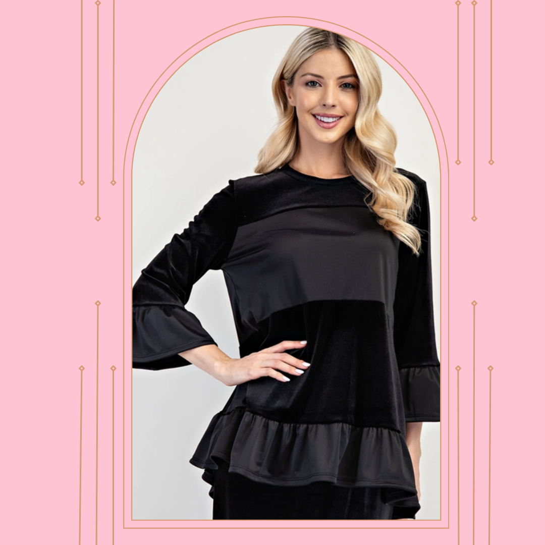 Black Velvet Ruffle Tiered Top: S-3X. Best Selling! FINAL SALE! Cannot Be Returned!