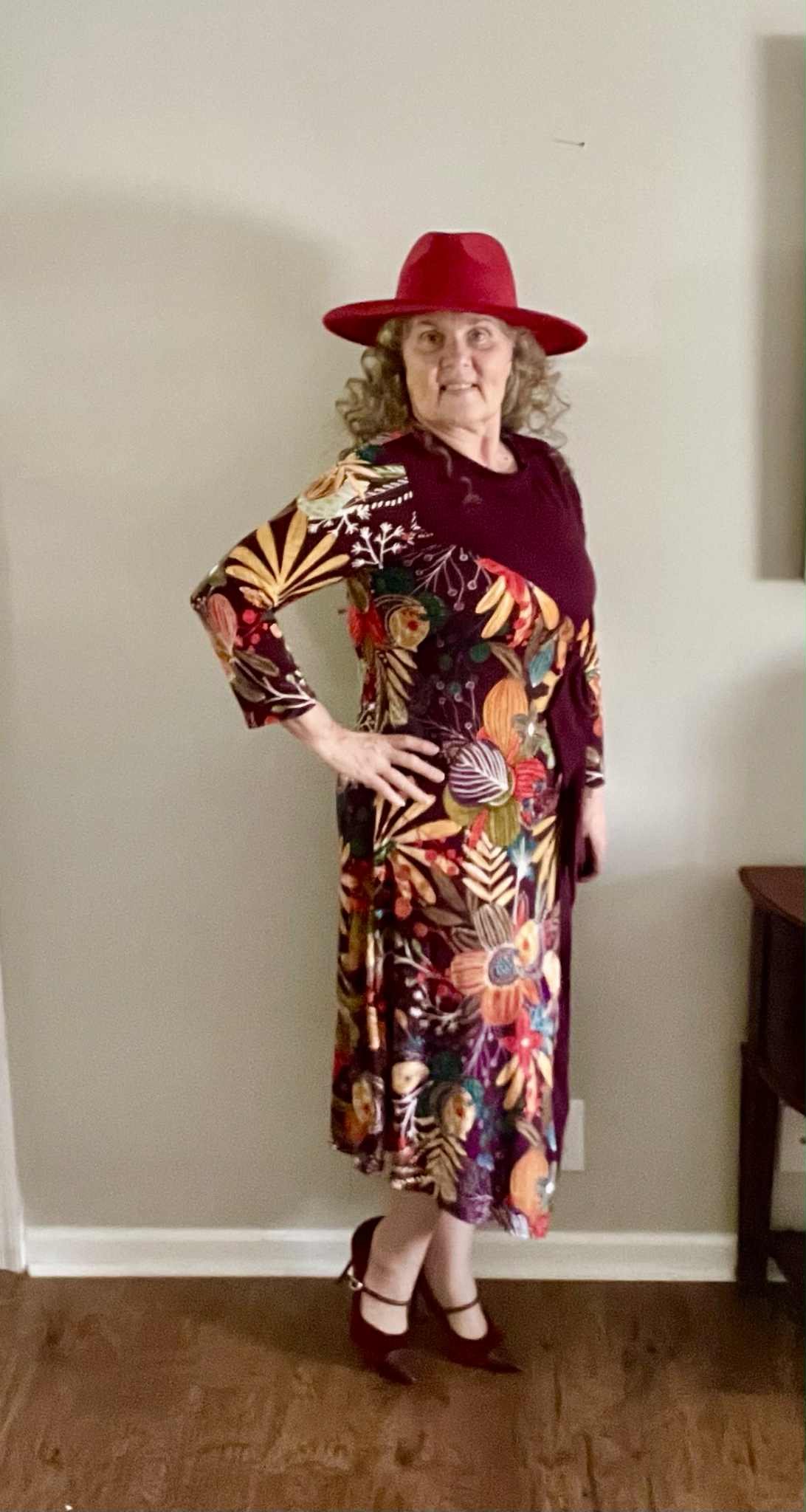 "Charlotte" Wine /Floral  "Faux" Wrap Asymmetric Tie Dress: S-M- FINAL SALE! Cannot Be Returned!