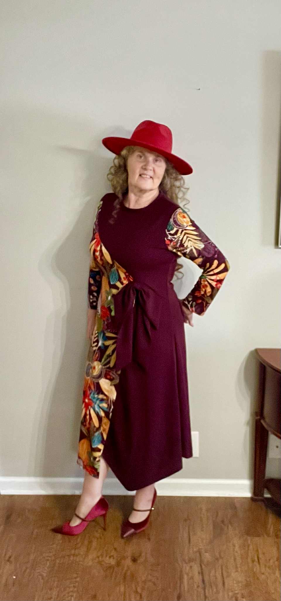 "Charlotte" Wine /Floral  "Faux" Wrap Asymmetric Tie Dress: S-M- FINAL SALE! Cannot Be Returned!