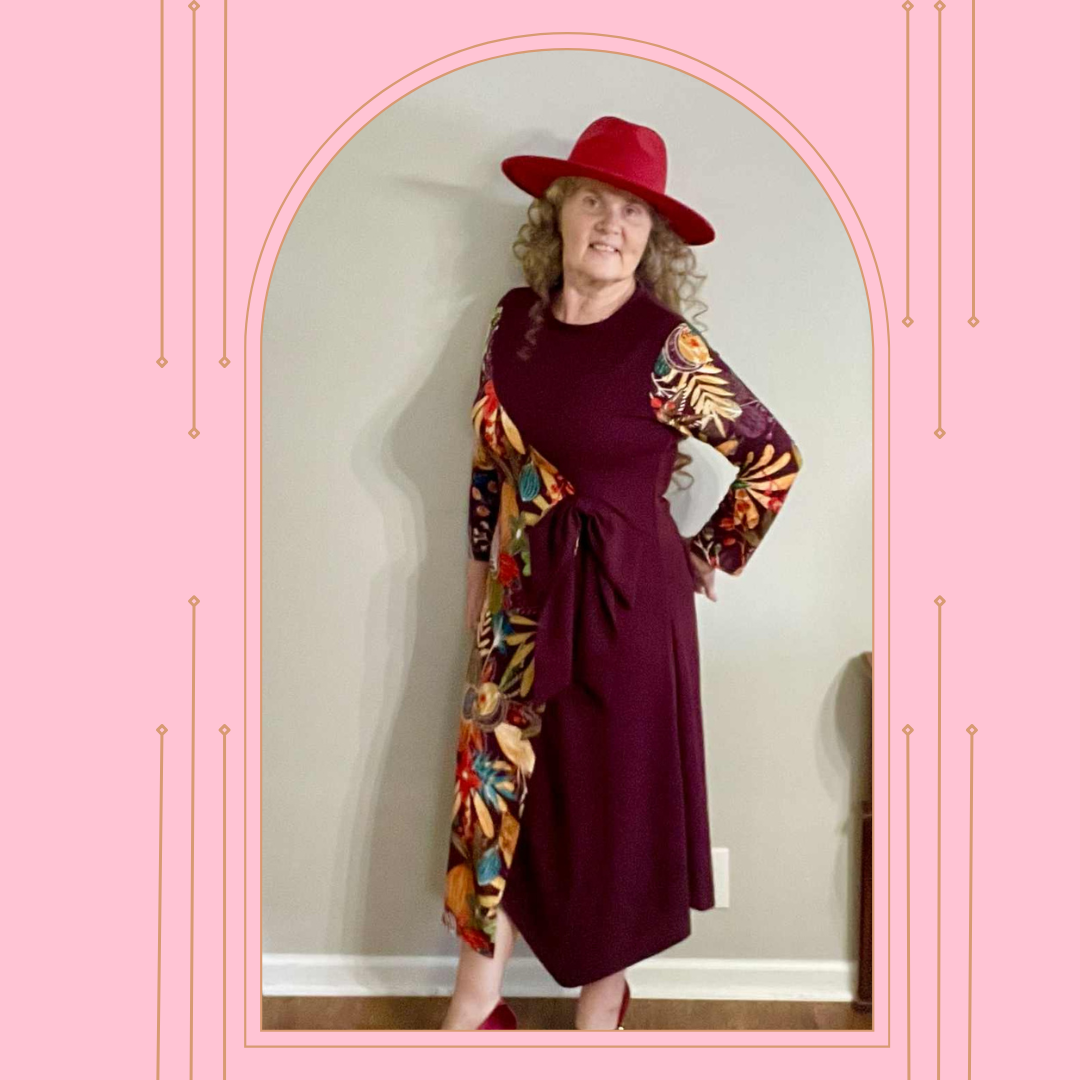 "Charlotte" Wine /Floral  "Faux" Wrap Asymmetric Tie Dress: S-M- FINAL SALE! Cannot Be Returned!