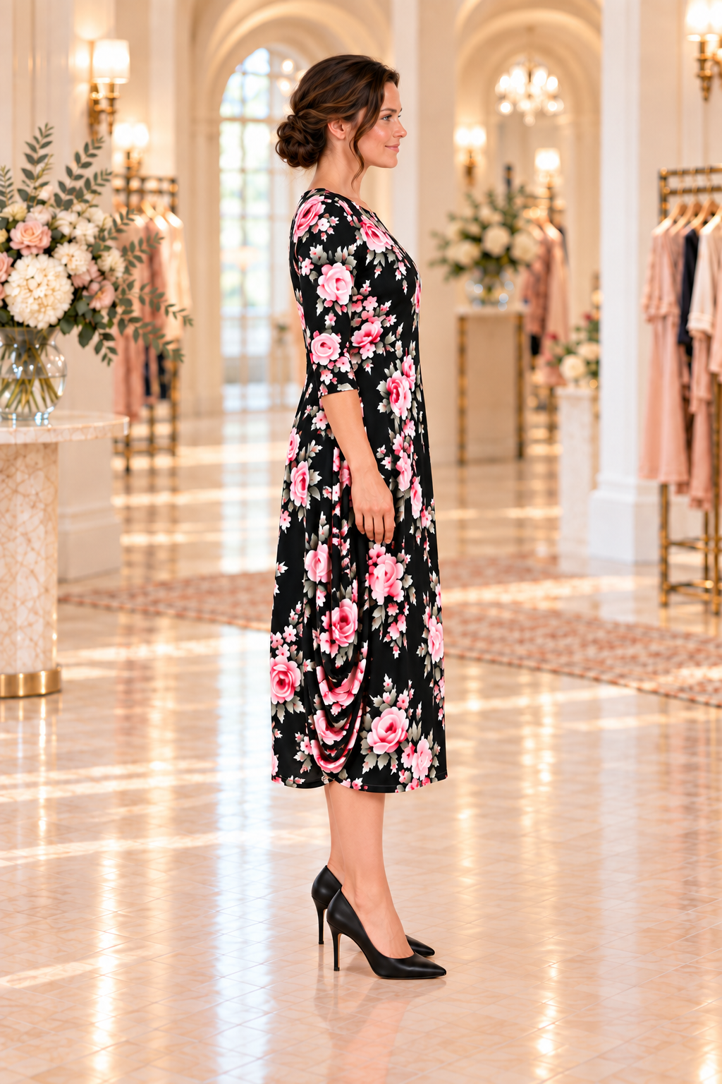 NEW! "Rosalie" Black Side Drape Dress: S-XL (Generous Fit!)