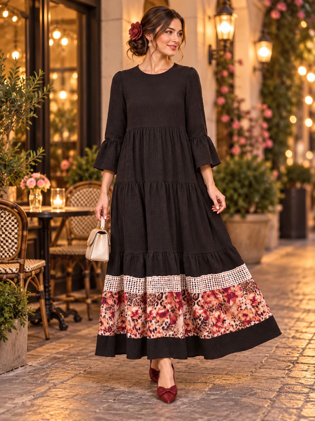 Pre-Order: NEW! "Rosalie" Black/leopard Tiered Dress: S-3X  Arriving in Stock Mid to late Oct.