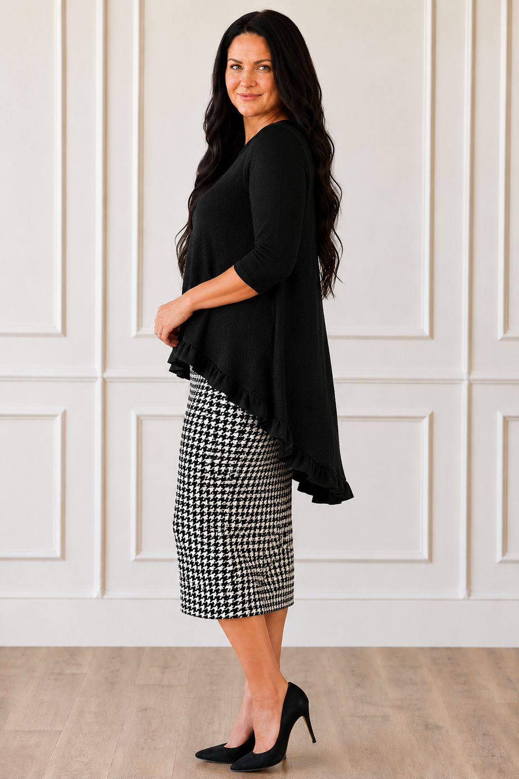 NEW! Black "High/Low" Ruffle Top: XL-3X  Arriving in Stock: 9/3