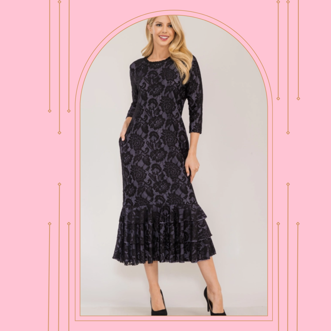 BLACK LACE MIDI DRESS WITH LINING  Small only. FINAL SALE! Cannot Be Returned!