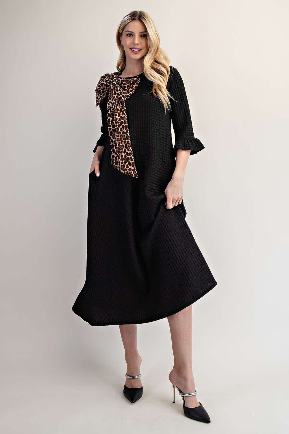 PRE-ORDER NEW!  Black/Leopard "Bow" Dress: S-3X  Arriving In Stock: 3/23