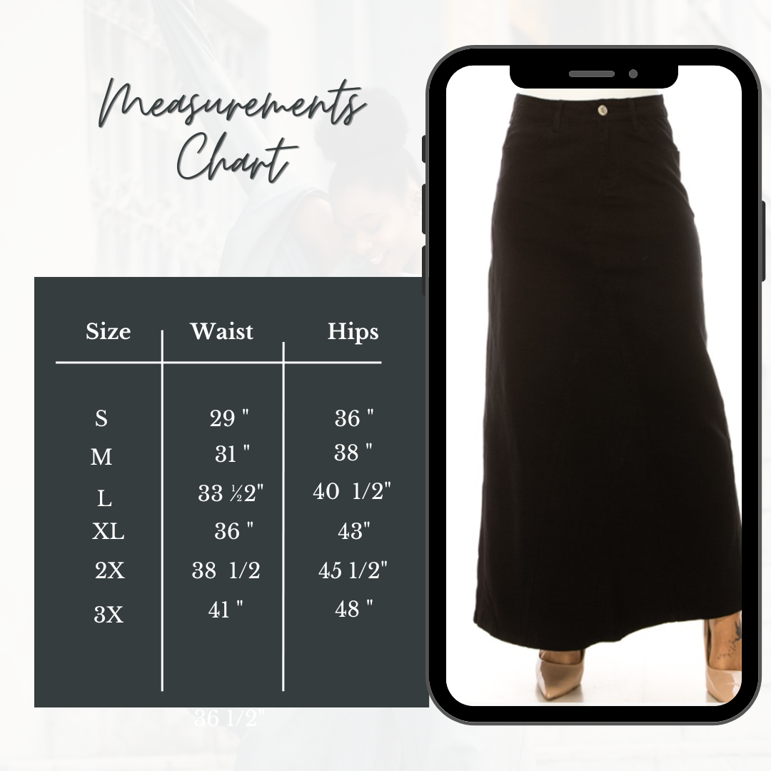 NEW! "Charity"  Black Maxi Jean Skirt: S-3X  Arriving In Stock: 1/10