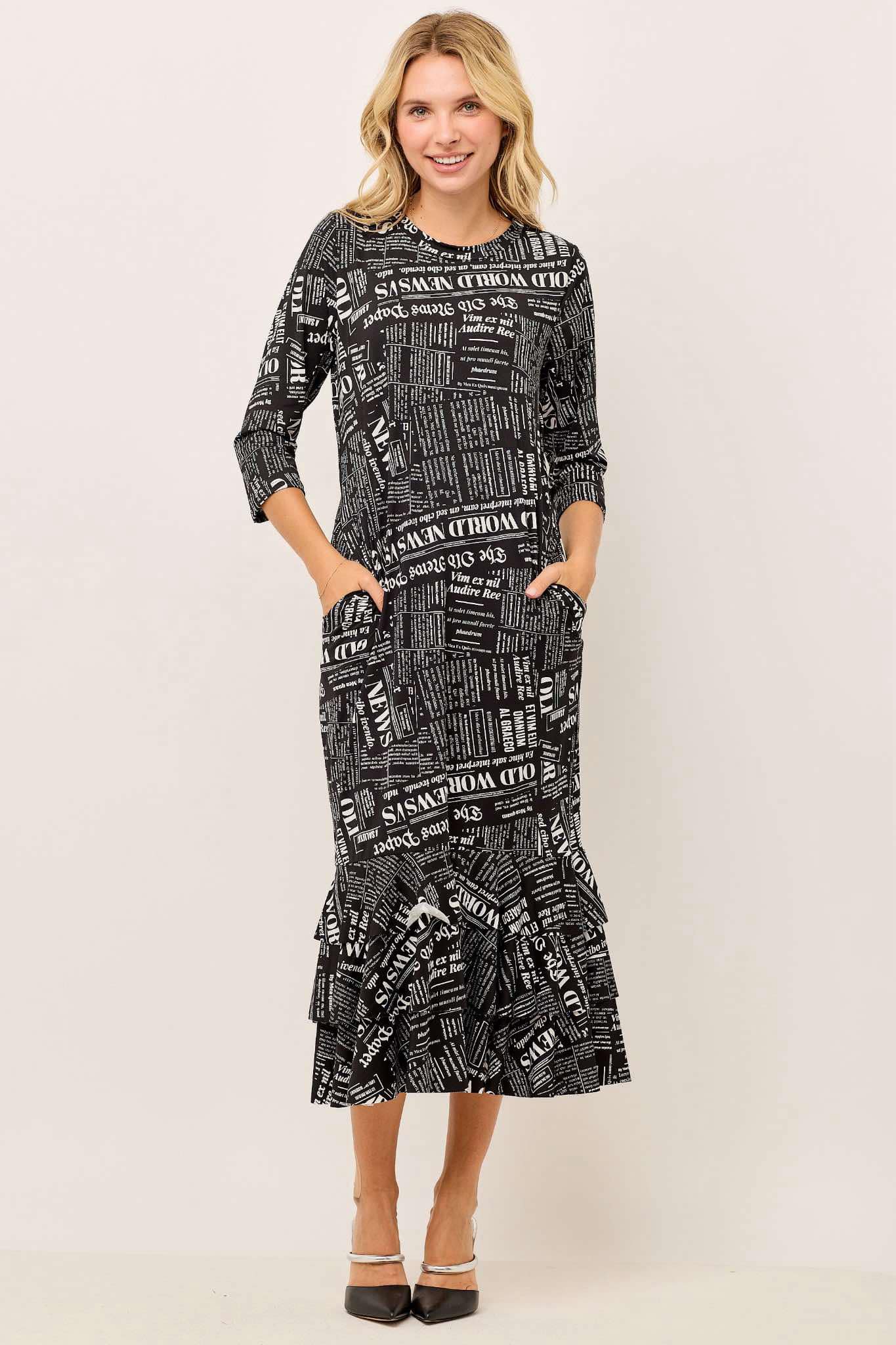 "Beverly" Black Newsprint Dress : S-M & 1X-3X  FINAL SALE! Cannot Be Returned!