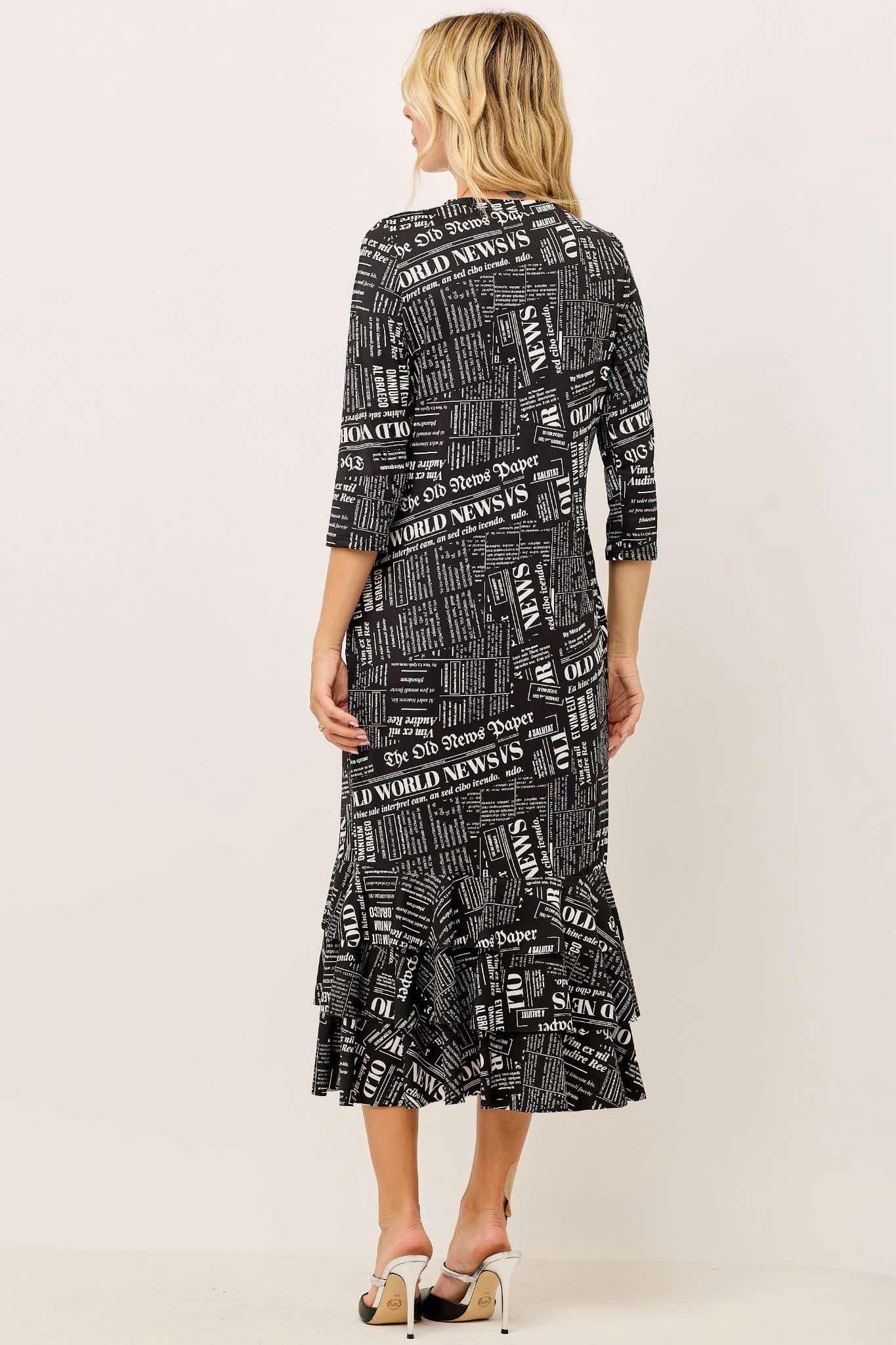 "Beverly" Black Newsprint Dress : S-M & 1X-3X  FINAL SALE! Cannot Be Returned!