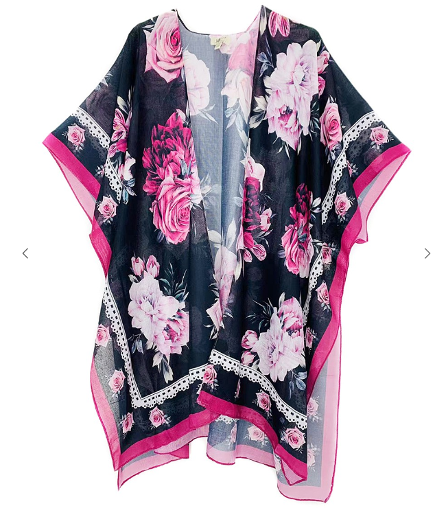 NEW! Black Floral/Faux Lace Border Kimono