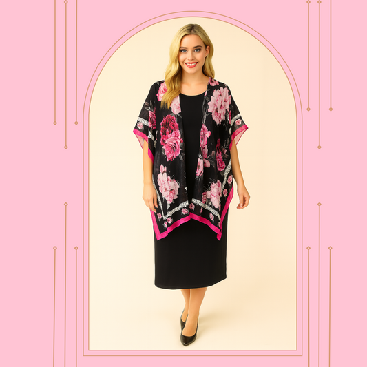 NEW! Black Floral/Faux Lace Border Kimono