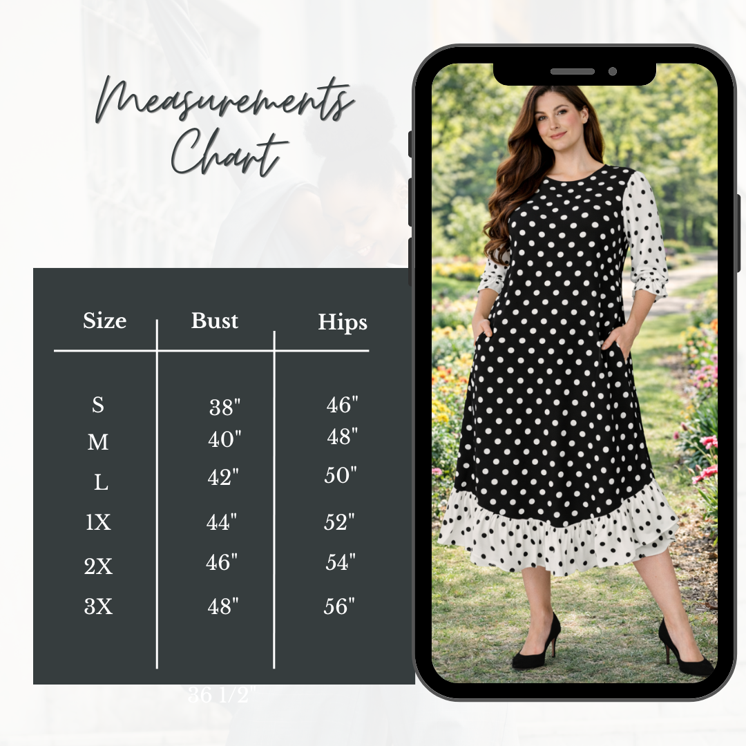 NEW!  "Priscilla" Black/White Polka Dot Ruffle Hem Dress: S-3X  Arriving in Stock: 4/16