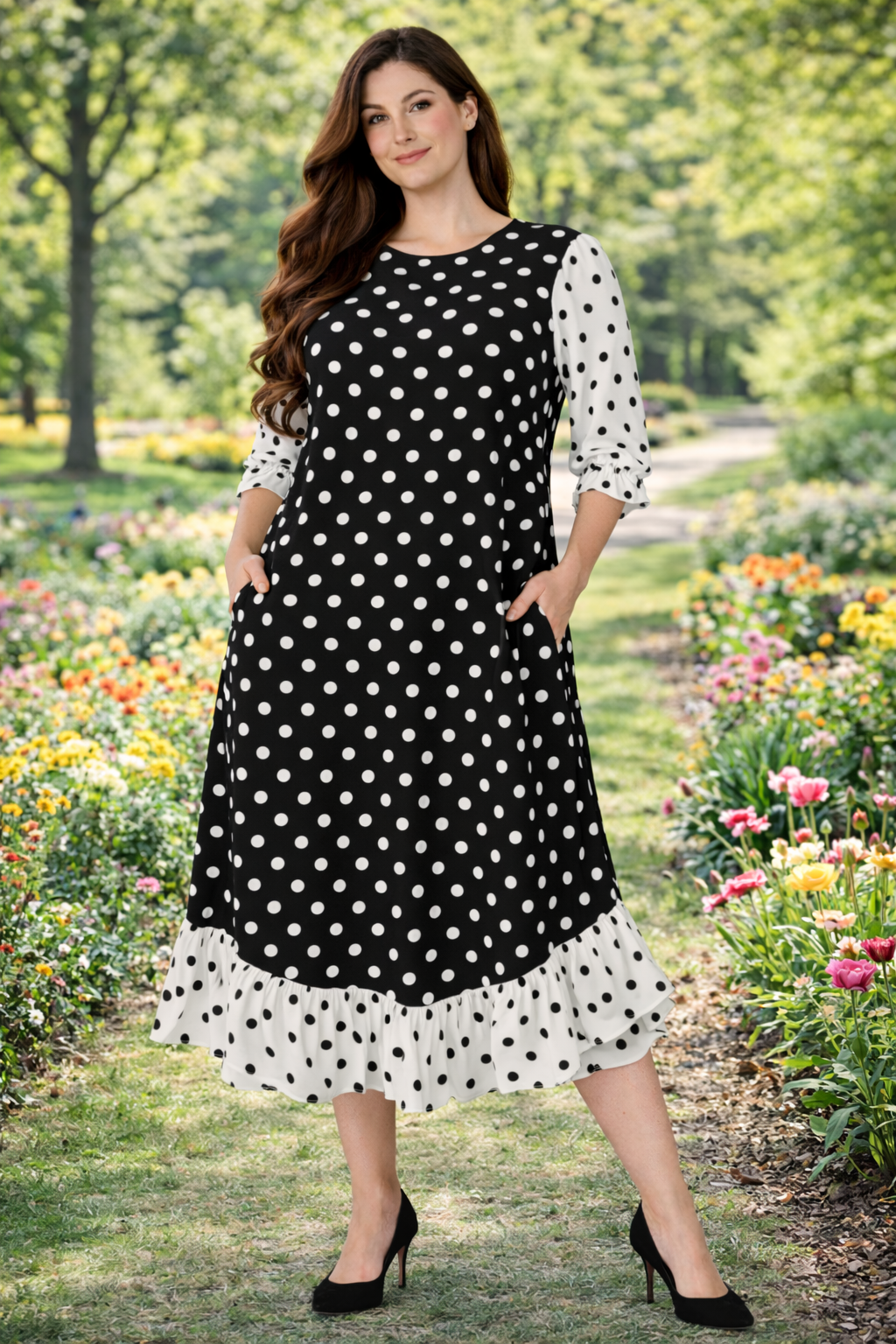NEW!  "Priscilla" Black/White Polka Dot Ruffle Hem Dress: S-3X  Arriving in Stock: 4/16