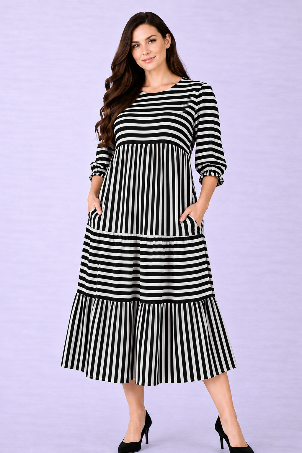 Pre-Order: NEW! "Betsey" Black/White Stripe Dress: S-3X Arriving in Stock 6/12 & Late June