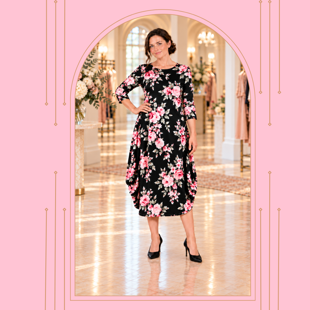 NEW! "Rosalie" Black Side Drape Dress: S-XL (Generous Fit!)
