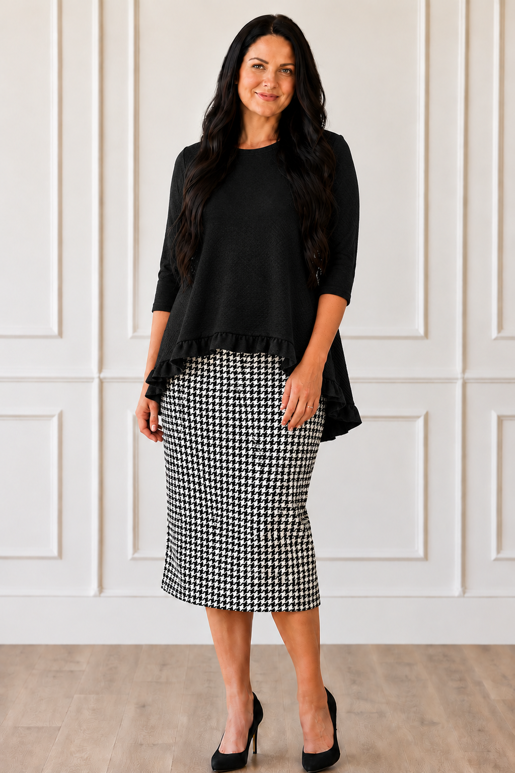 NEW! Black "High/Low" Ruffle Top: XL-3X  Arriving in Stock: 9/3