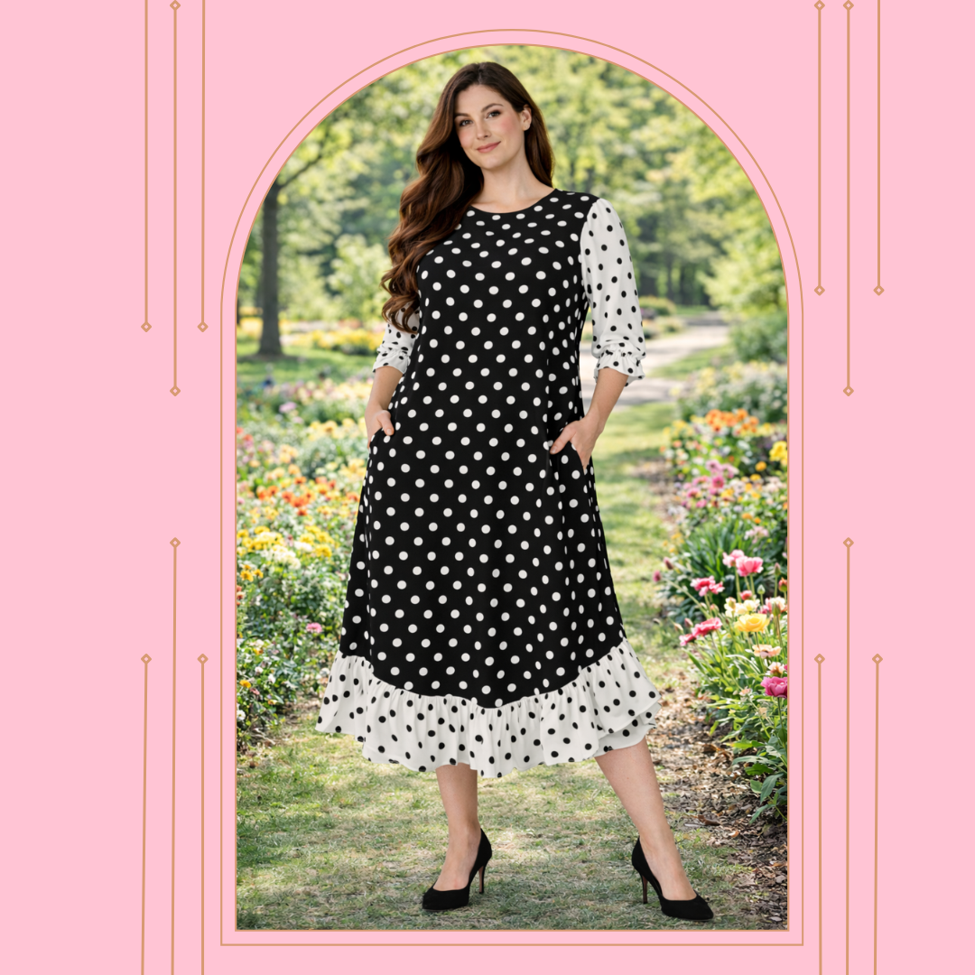 NEW!  "Priscilla" Black/White Polka Dot Ruffle Hem Dress: S-3X  Arriving in Stock: 4/16