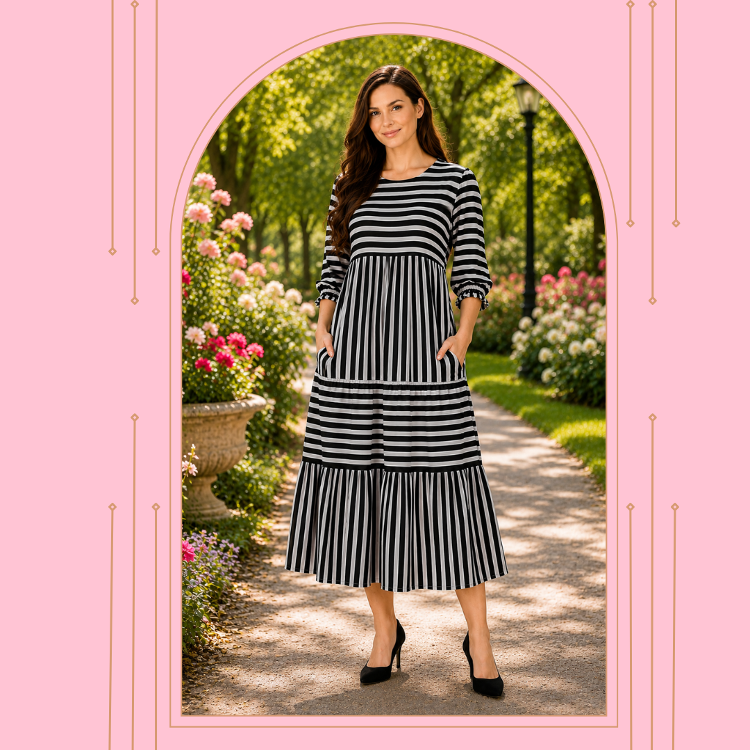 Pre-Order: NEW! "Betsey" Black/White Stripe Dress: S-3X Arriving in Stock 6/12 & Late June