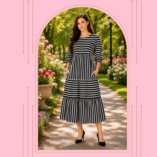 Pre-Order: NEW! "Betsey" Black/White Stripe Dress: S-3X Arriving in Stock early to mid June