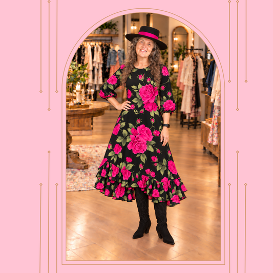 Pre-Order-New "Rosalyn" Black/Pink Roses Print Dress: S-3X ( Arriving In Stock: Oct 24)